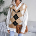 Color-Khaki-Autumn Winter College Rhombus V-neck Casual Loose Knit Vest Sweater Women Clothing-Fancey Boutique