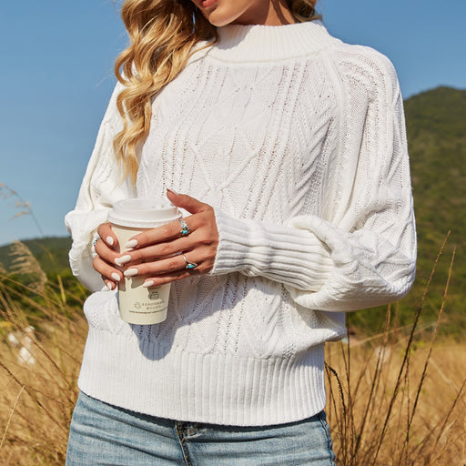Color-White-Women Clothing Solid Color Lantern Sleeve Mock Neck Sweater British Loose Pullover Sweater-Fancey Boutique
