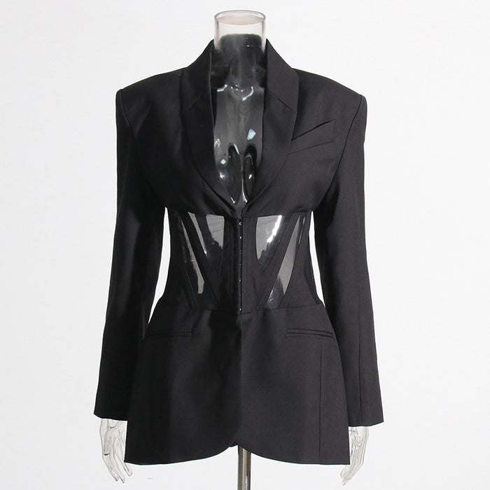 Color-Black-Autumn Boning Corset Waist Mesh Stitching See Through Design Blazer Mid Length Blazers-Fancey Boutique