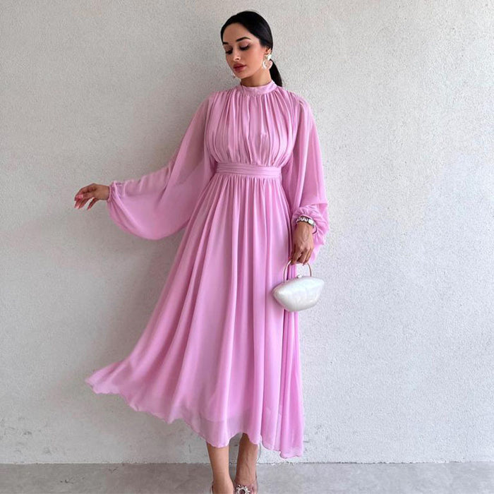 Color-Pink-Elegant Half Turtleneck Long Sleeve Zipper Pleated Puffy Medium Long Trousers Fairy Dress Women-Fancey Boutique