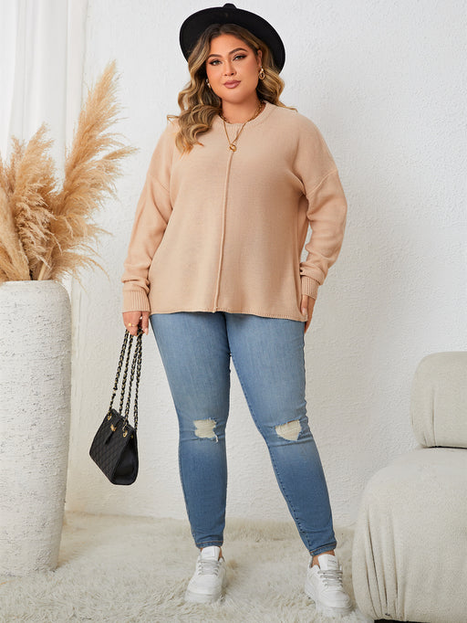 Color-Apricot-Plus Size Autumn Winter Women Loose round Neck Solid Color Sweater-Fancey Boutique