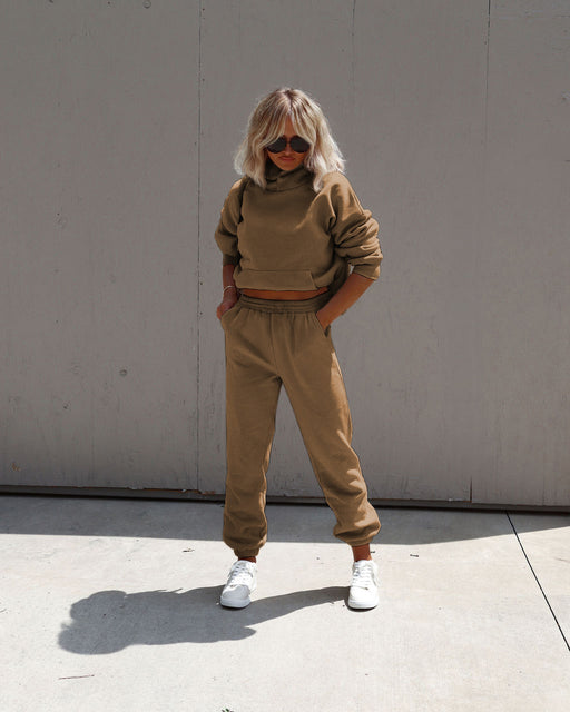 Color-Khaki-Autumn Winter Solid Color Hooded Pullover Long Sleeve Sweater Cotton Ankle Tied Trousers Suit Women-Fancey Boutique