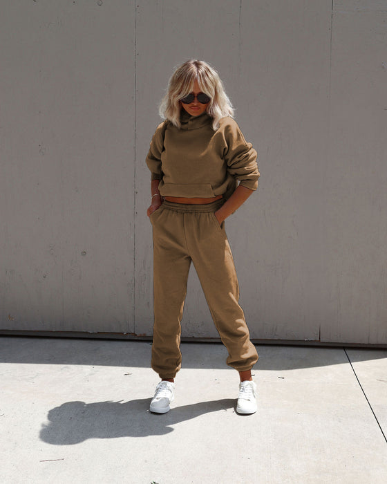 Color-Khaki-Autumn Winter Solid Color Hooded Pullover Long Sleeve Sweater Cotton Ankle Tied Trousers Suit Women-Fancey Boutique