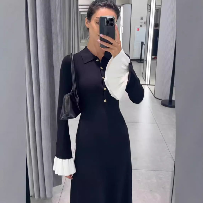 Dehaired Angora Covering Yarn Slimming Patchwork Long Sleeved Knitted Maxi Dress Casual Waist Tight Maxi Dress for Women-Fancey Boutique