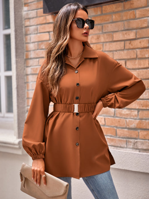 Color-Brown-Casual Autumn Winter Women Clothing Solid Color Shirt Collar Single Breasted Belt Shacket Women-Fancey Boutique