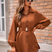 Color-Brown-Casual Autumn Winter Women Clothing Solid Color Shirt Collar Single Breasted Belt Shacket Women-Fancey Boutique