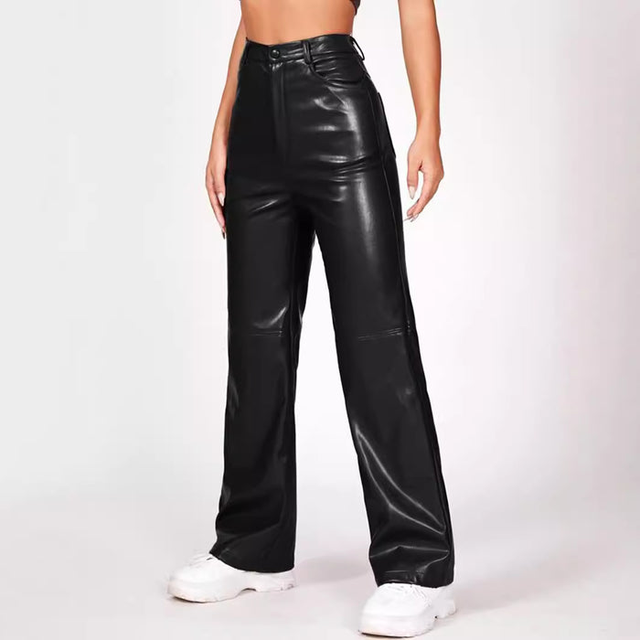 Women Pants High Waist Trousers Button Faux Leather Pocket Straight Leather Pants Autumn Winter-Fancey Boutique