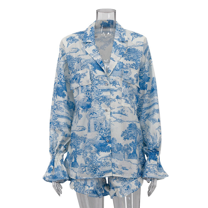 Summer Suit Chinese Printed Bell Sleeve Shirt Top Shorts Ruffled Two Piece Set-Blue-Fancey Boutique