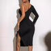 Summer Drawstring See Through Tight Dress Shoulder Long Sleeve Lace Mesh Body Shaping Dress-Fancey Boutique