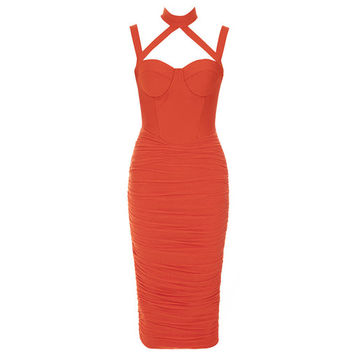 Color-Orange-Dress Spring Bandage Dress Simple Sexy Stand up Collar Hollow Out Cutout Backless Slim Fit Dress-Fancey Boutique