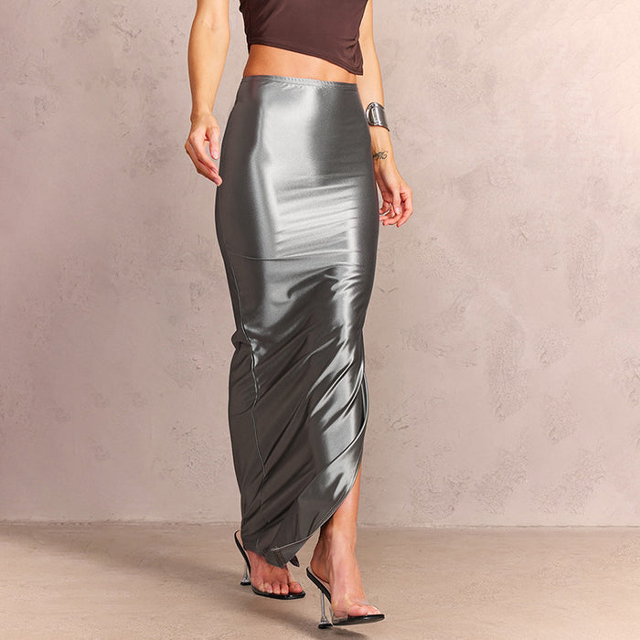 Women Summer Solid Color Personalized Bright Slit Slim Fitting Sheath Long Skirt-Gray-Fancey Boutique