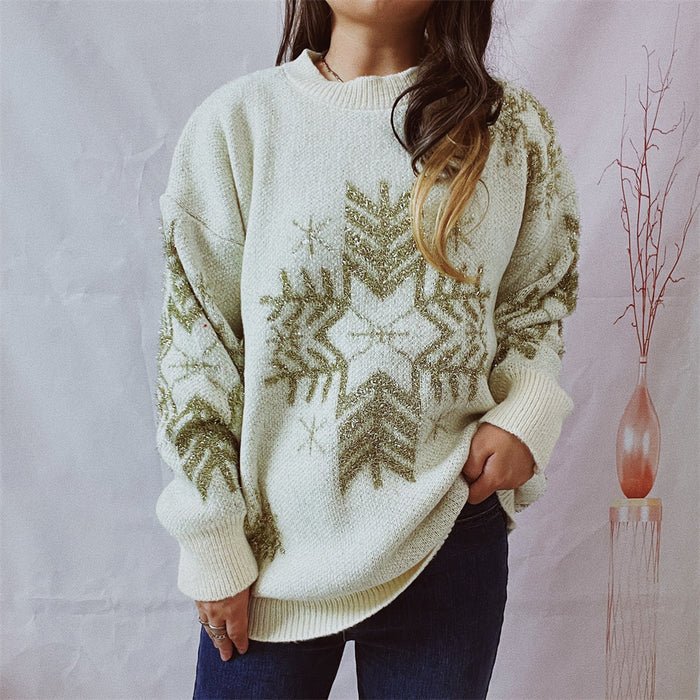 Color-White-Autumn Winter Loose Gold Line Big Snowflake Christmas Sweater Round Neck Long Sleeved Thickened Pullover Women-Fancey Boutique