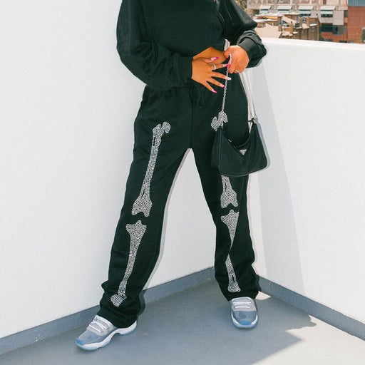 Color-Black-Autumn Women Clothing Trendy Rhinestone Skull Sweatpants Casual Pants Women-Fancey Boutique