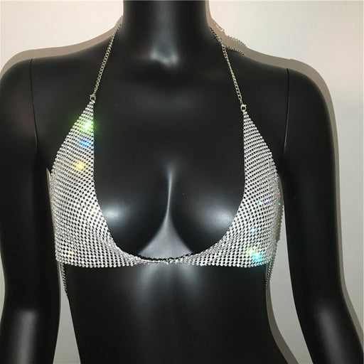 Color-Silver-Women Clothing Body Cha Exaggerated Rhinestone Bikini Chest Necklace Sexy Nightclub Halter Spaghetti Straps Bra-Fancey Boutique