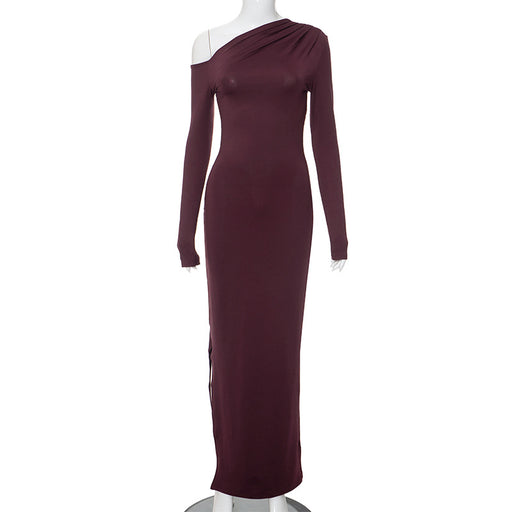 Color-Burgundy-Women Clothing Solid Color Long Sleeve High Waist Dress Asymmetric Dress-Fancey Boutique