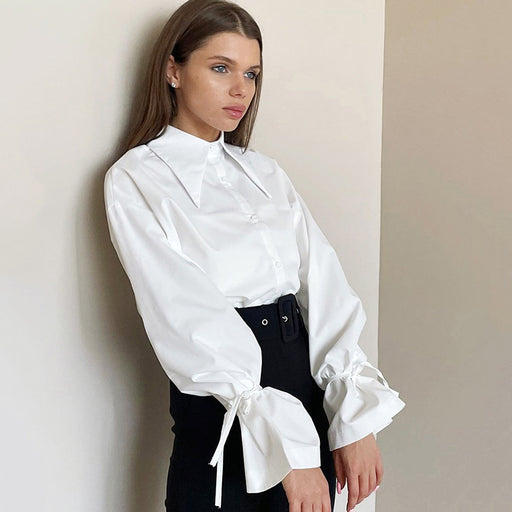 Color-White-Spring Summer Women Clothing Long Sleeved White Shirt Pointed Collar Office Bow Design French Shirt-Fancey Boutique