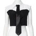 Women Clothing Summer Socialite Top Collared Cropped Contrast Color Shirt Top-Black and White Contrast-Fancey Boutique