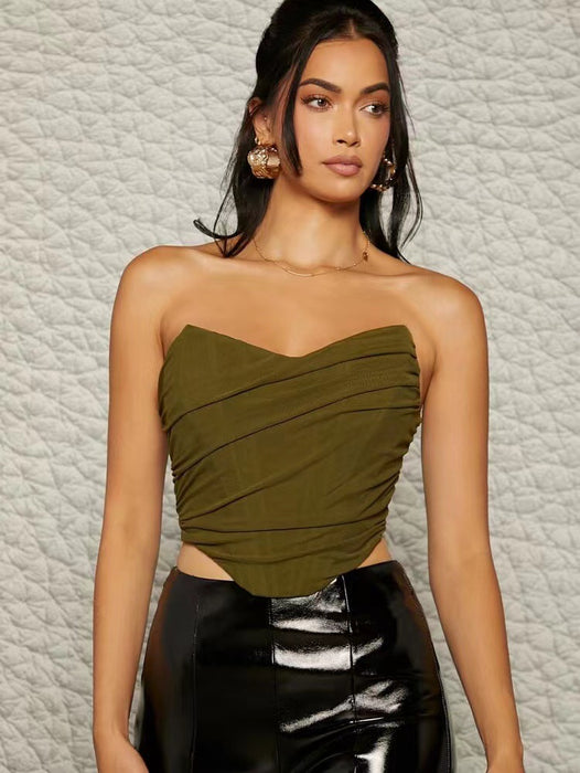 Color-Olive Green-Trend Sexy Boning Corset Boning Corset Pleated Zipper Mesh Tube Top cropped Outfit Top for Women-Fancey Boutique