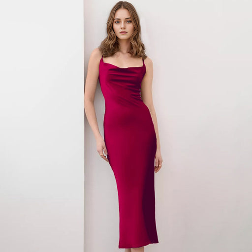 Color-Burgundy-Spring Satin Little Red Dress Swing Collar Strap Fishtail Dress Chic-Fancey Boutique