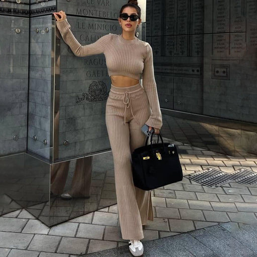 Color-Khaki-Casual Set Short Cropped Cropped Knitted Long Sleeved Top Special Split Straight Leg Pants Two Piece Set-Fancey Boutique