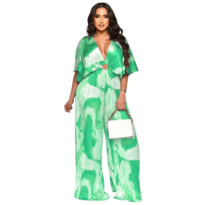 Women V Neck Pleated Popular Printed Casual Jumpsuit Women-Green Tie-Dye-Fancey Boutique