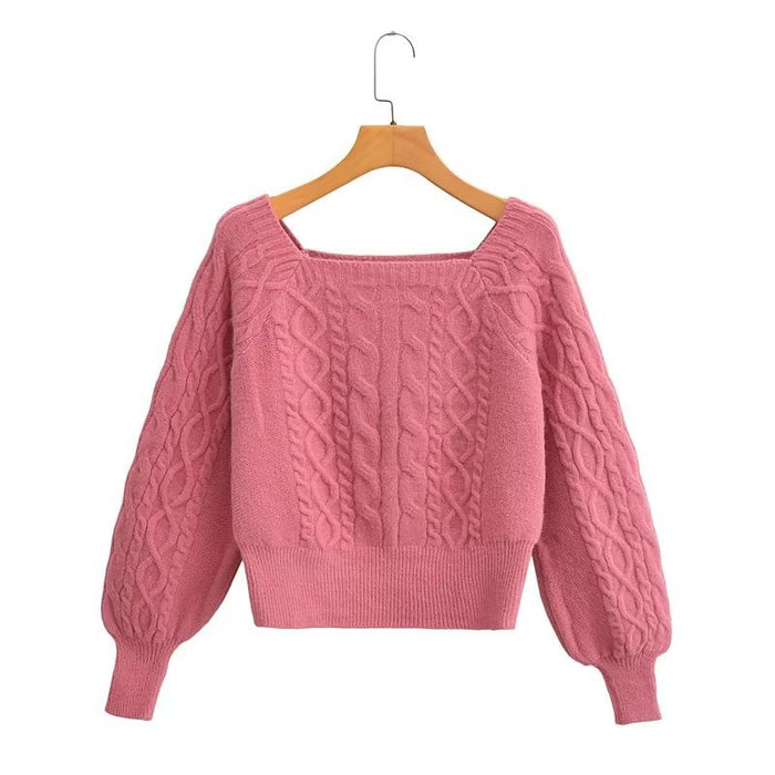 Color-watermelon red-Soft Glutinous Cable Knit Sweater Women Autumn Winter Sweet Idle Design Square Collar Short Sweater-Fancey Boutique