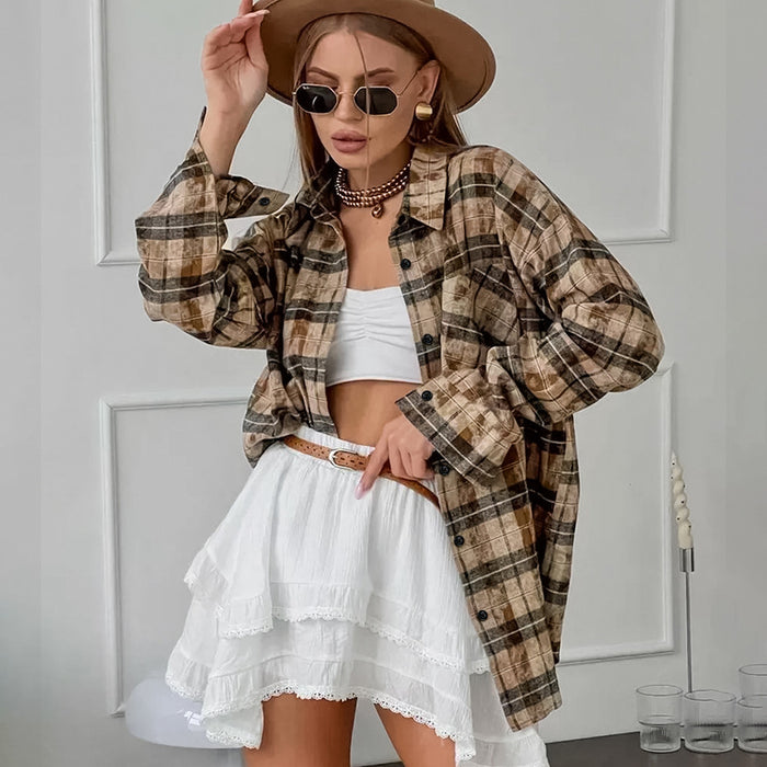 Classic Retro Cotton Long Sleeve Loose Plaid Shirt Autumn Pocket Plaid Shirt Casual Women Clothing