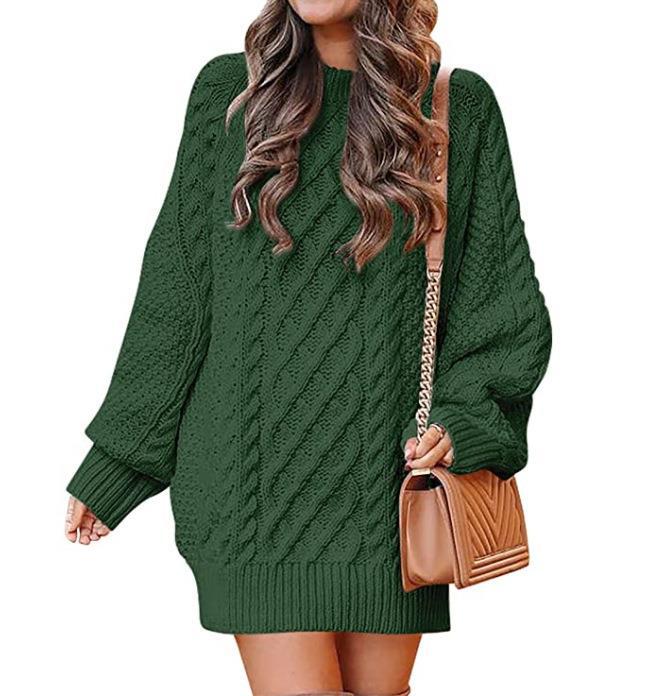 Color-Green-Round Neck Long Sleeve Twisted Knitted Thick Needle Pullover Mid Length Sweater Women Dress-Fancey Boutique
