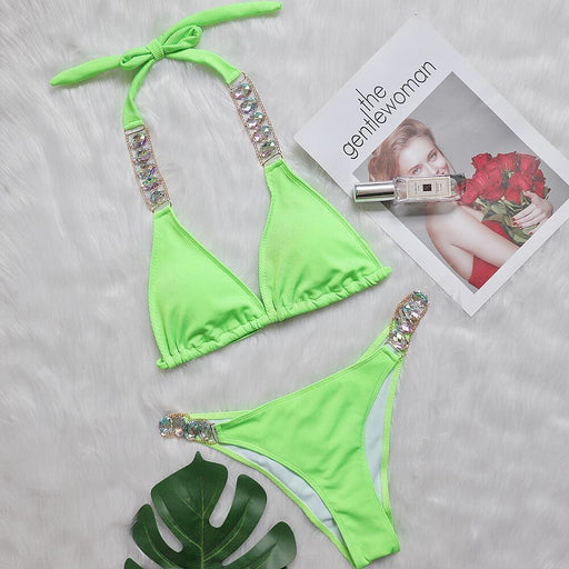 Color-Green-Bikini Plain Women Split Strap Luxury Diamond Swimsuit Sexy Metal Chain Accessories Swimwear-Fancey Boutique