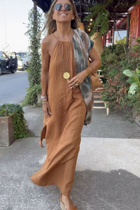 Color-camel-Women Halter Slit Cotton Linen Casual Holiday Dress Spring Summer-Fancey Boutique