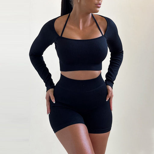Color-Black-Autumn Winter Women Knitted Thread High Elastic Beauty Back Exercise Fitness Two Piece Suit Women-Fancey Boutique