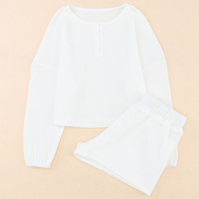 Color-White-Solid Color Casual Sports Set Women Summer Long Sleeve Shorts Loose Fitting Women Loungewear Set-Fancey Boutique