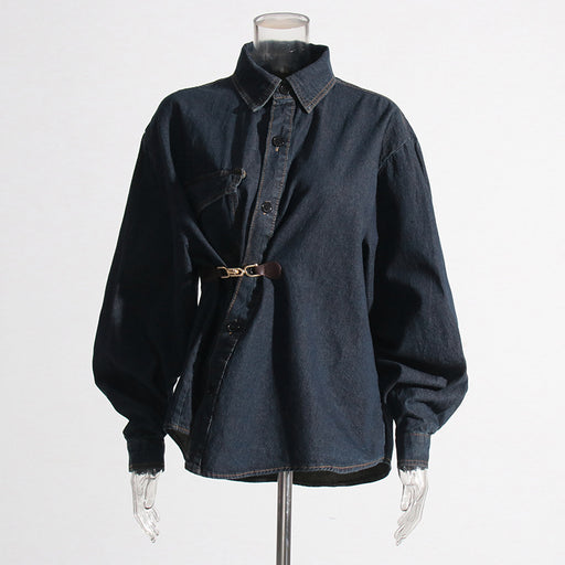 Color-Blue-Autumn Casual Niche Design Irregular Asymmetric Metal Decorative Retro Denim Jacket for Women-Fancey Boutique