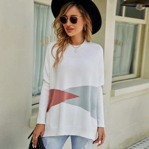 Color-White-Autumn Winter Loose Batwing Sleeve Pullover Sweater Women Clothing Design Contrast Color Sweater-Fancey Boutique