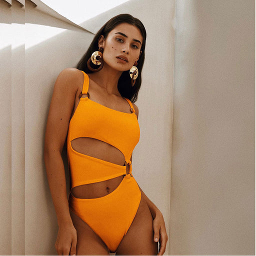 One Piece Hollow Out Cutout Thin Swimsuit Women Solid Color Bikini-Yellow-Fancey Boutique