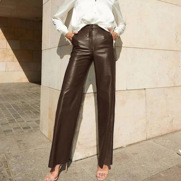 Color-Dark Brown-Women Clothing Spring Faux Leather Mid High Waist Hip Lifting Straight Women Casual Pants Women Pants-Fancey Boutique