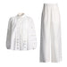 Casual Office Autumn Horizontal Embroidered Sleeve Top Straight Leg Trousers Women Two Piece Set-White-Fancey Boutique