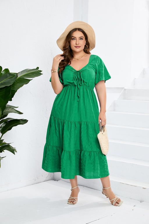 Color-Green-Plus Size V Neck High Waist Dress Long Short Sleeve Dress-Fancey Boutique