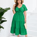 Color-Green-Plus Size V Neck High Waist Dress Long Short Sleeve Dress-Fancey Boutique