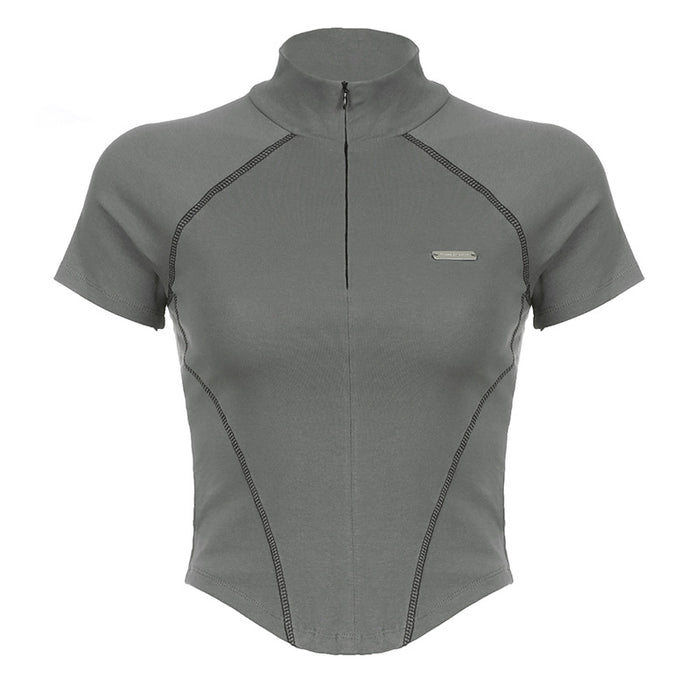 Mechanical Line Design Sexy Fitness Sports Waist Trimming Half Turtleneck Zipper Bottoming Long Sleeve-Short Sleeve-Fancey Boutique