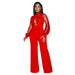Color-Red-Women Wear Hollow Out Cutout out See through Long Sleeved Trousers Lace up Jumpsuit-Fancey Boutique