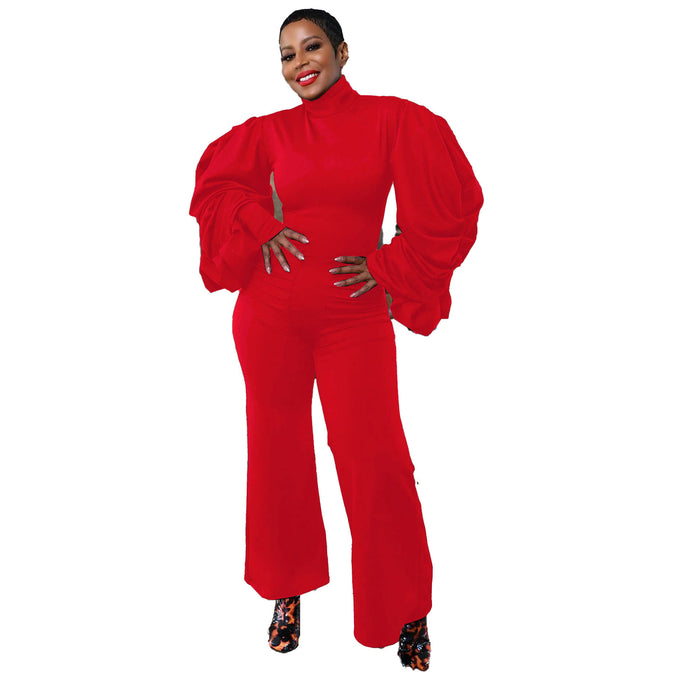 Sexy Sheath Pleated Lantern Sleeve Waist Wide Leg Jumpsuit-Red-Fancey Boutique