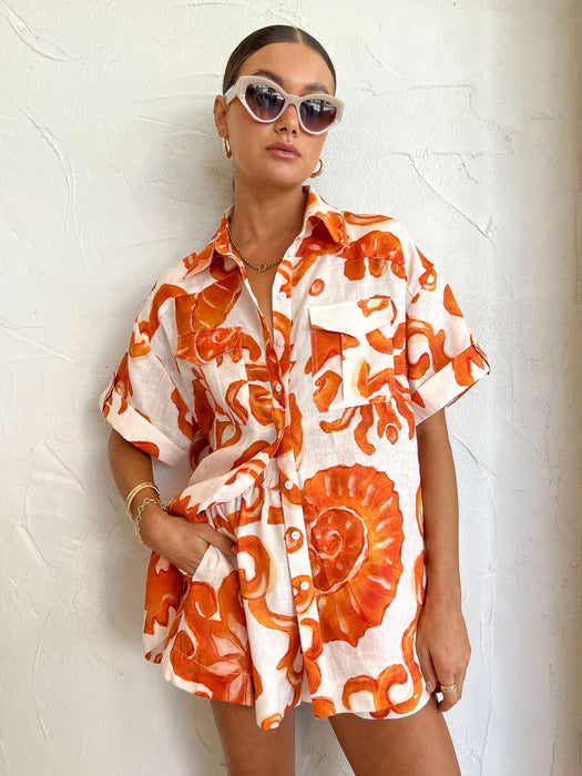 Color-Orange-Summer Printed Shorts Collared Loose Women Shirt Casual Set-Fancey Boutique