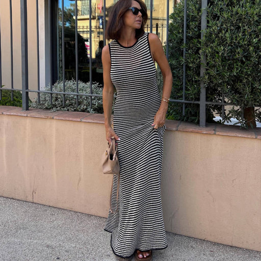 Striped Knitted Maxi Dress Sleeveless Hollow Out Cutout Beach Bohemian Casual Maxi Dress Women-Fancey Boutique