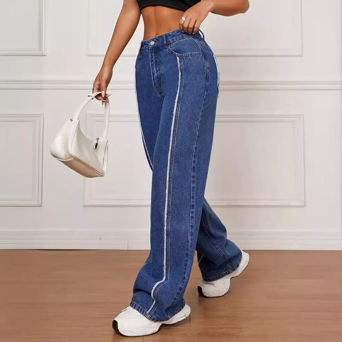 Spring Summer Women Straight Wide Leg Jeans Frayed Stitching All Match Slimming-Fancey Boutique