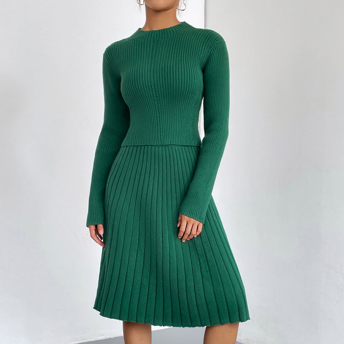 Color-Green-Solid Color A Line Skirt Autumn Winter Knitting Sweater Suit Skirt Slim Fit Twet Skirt-Fancey Boutique