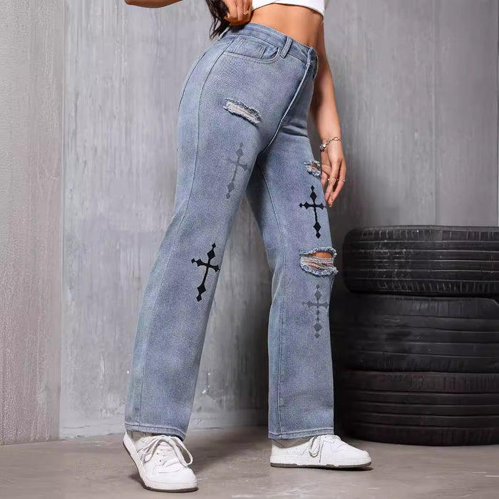 Retro Distressed Blue Straight Leg Denim Women Trousers Printed Ripped Street Fashionable Summer-Fancey Boutique