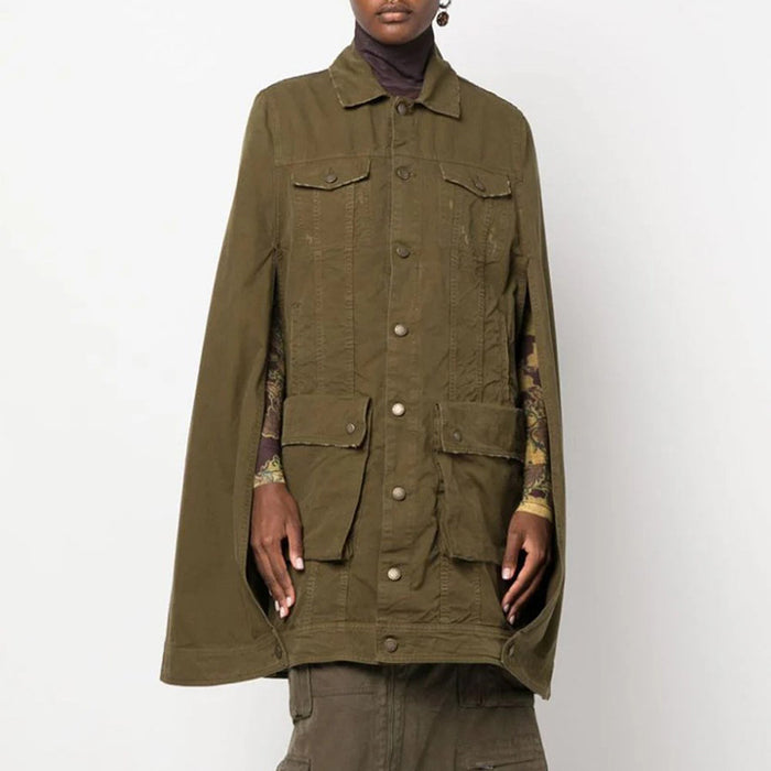 Color-Army Green-Autumn Trend Niche Design Hollow Out Cutout Cut Loose Cape Washed Denim Jacket Women-Fancey Boutique