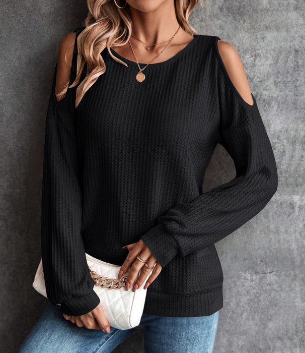 Color-Black-Autumn Winter Off The Shoulder Button Loose Long Sleeved T Shirt Top Women-Fancey Boutique