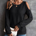 Color-Black-Autumn Winter Off The Shoulder Button Loose Long Sleeved T Shirt Top Women-Fancey Boutique